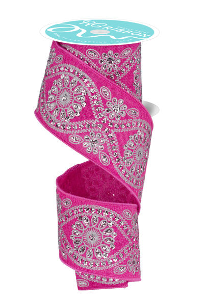 RGF141207  2.5" x 10yd Deluxe Wavy Floral Fuchsia/Silver