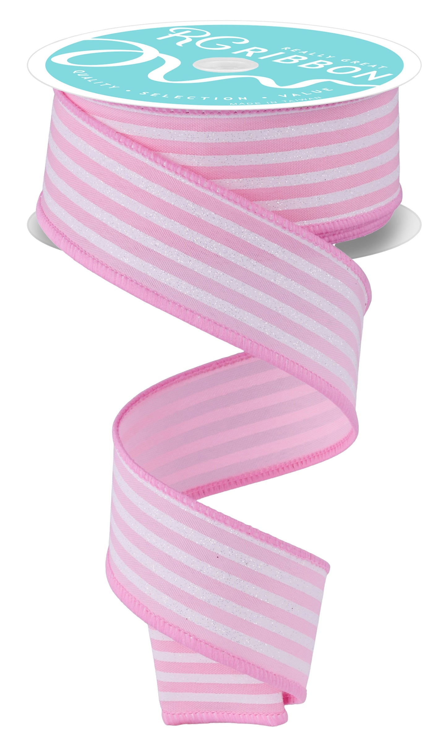 RGF197415  1.5" x 10yd Glitter Vertical Stripe Light Pink/White