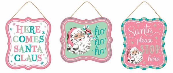 MD1213A7   7"Hx6"L Tin Matte Santa Signs   Whte/Pink/Grn/Teal