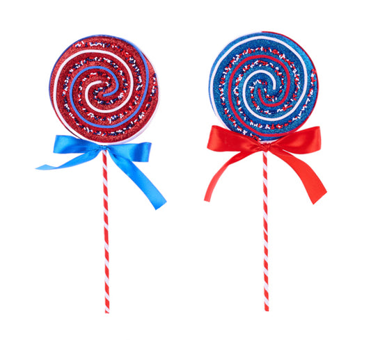HJ110599   13.75"H Glitter Patriotic Lollipop Pick   Red/White/Blue