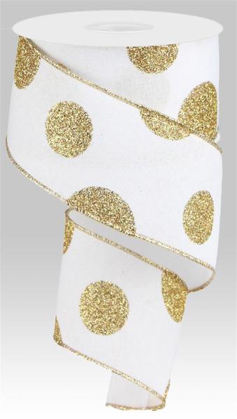 RG0182727  2.5" x 10yd Glittered Multi Dots On Royal White/Gold