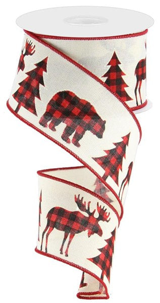 RG017213H 2.5"X10yd Plaid Moose/Bear/Tree on Royal Cream/Red/Black