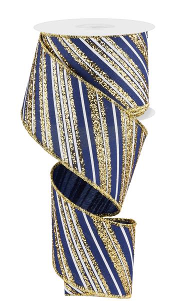 RGE18534A  2.5" x 10yd Diagonal Lines Navy Blue/Gold/White