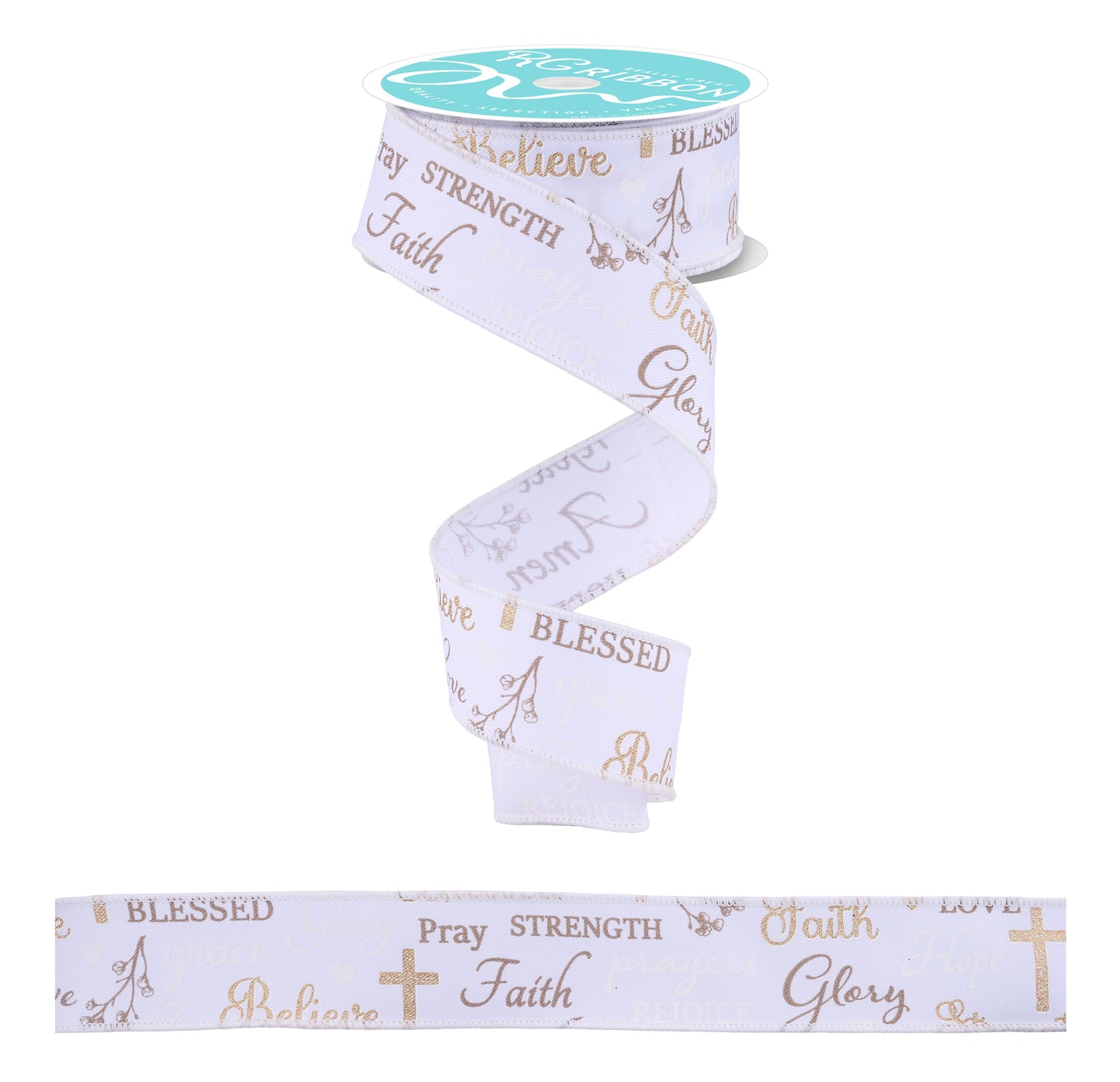 RGH113227  1.5" x 10yd Words Of Faith White/Gold/Taupe