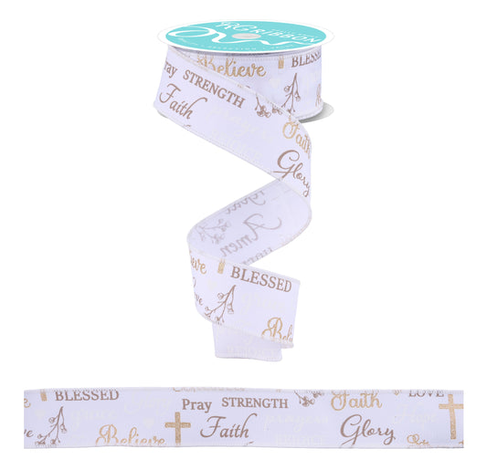 RGH113227  1.5" x 10yd Words Of Faith White/Gold/Taupe