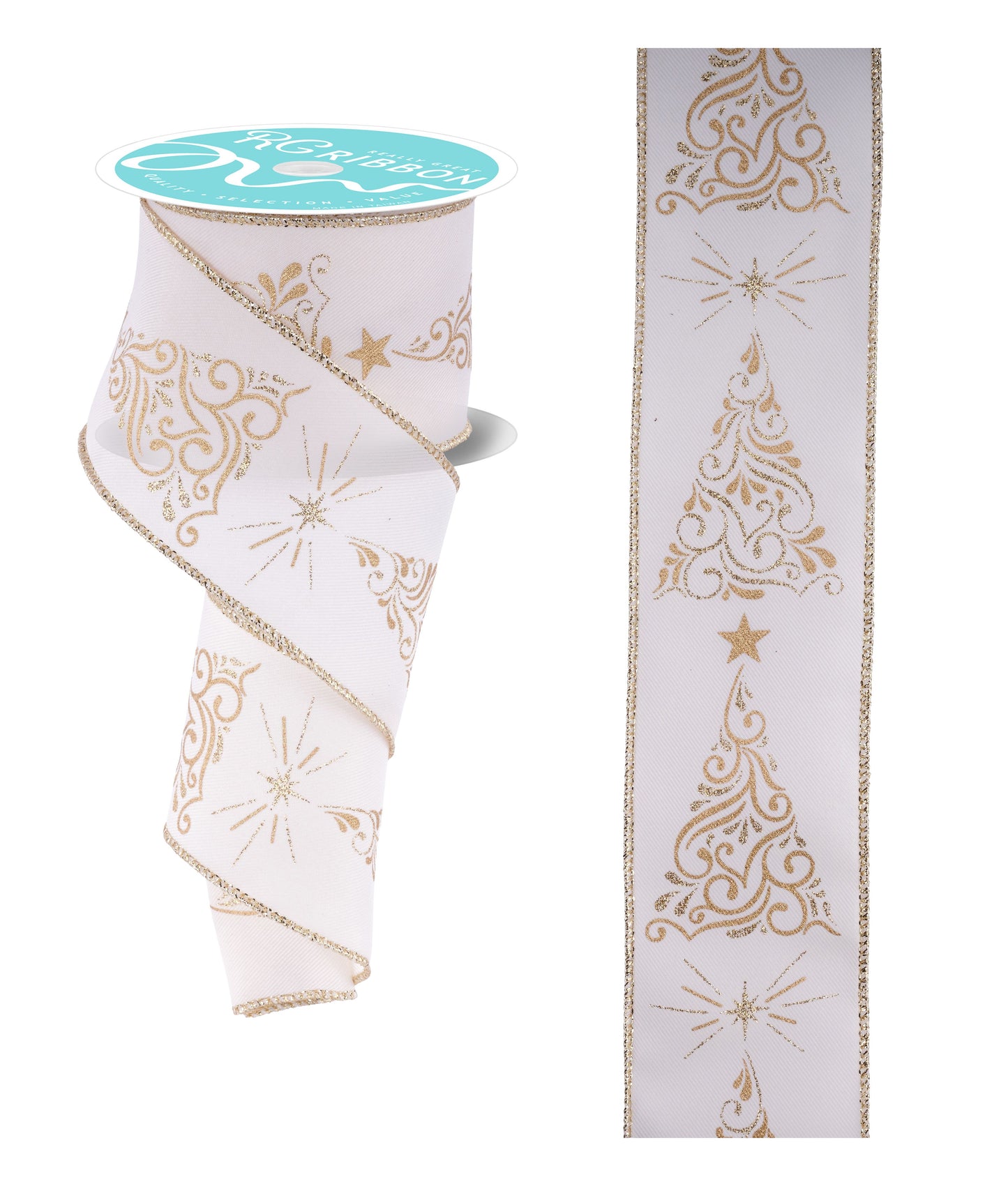 RGF162330  2.5" x 10yd Metallic Swirl Christmas Trees Ribbon – Ivory/Gold – Wired Ribbon