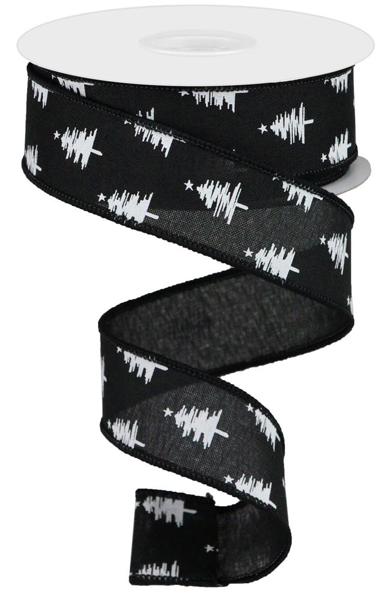 RGA137102  1.5" x 10yd Pine Trees On Royal Black/White