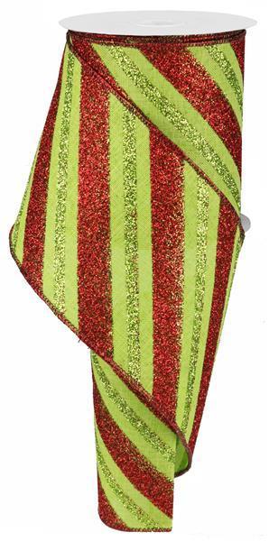RG01767T9   4" x 10yd Diagonal Glitter Stripe/Royal    Lime/Red/Lime