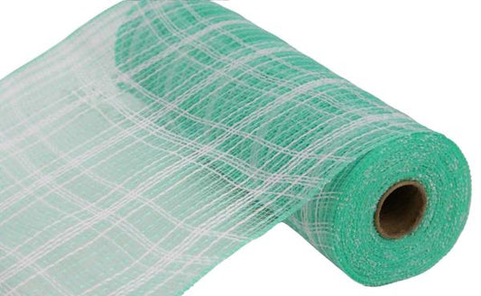 RY8345Y6     10.25" x 10yd Farmhouse Plaid Faux Jute Mesh    Mint Green/White