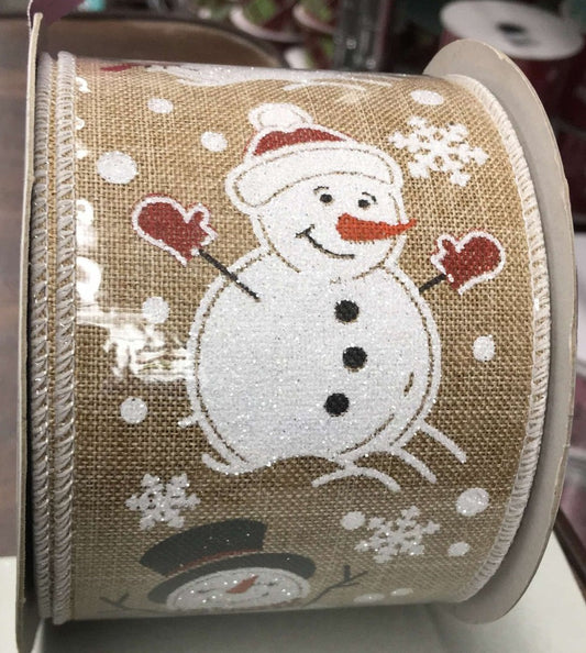 RG0155101  2.5"x10yds Burlap Snowman Tan/White/Red