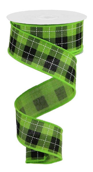RGA18492F  1.5" x 10yd Printed Woven Check On Royal Fresh Green/Black/White
