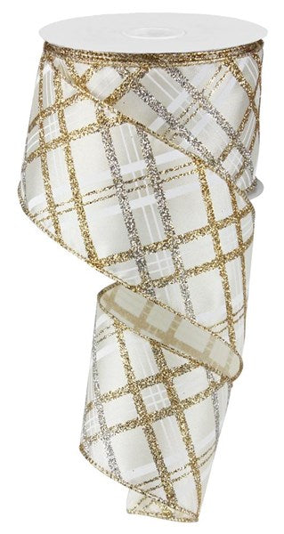 RW7623EK  2.5" x 10yd Glitter Diamond Plaid Ivory/Gold/Silver/White