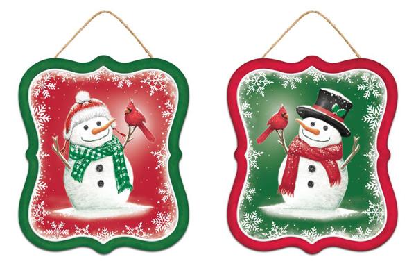 MD1169      7"H x 6"L Cardinal/Snowman Sign      Red/Green/White