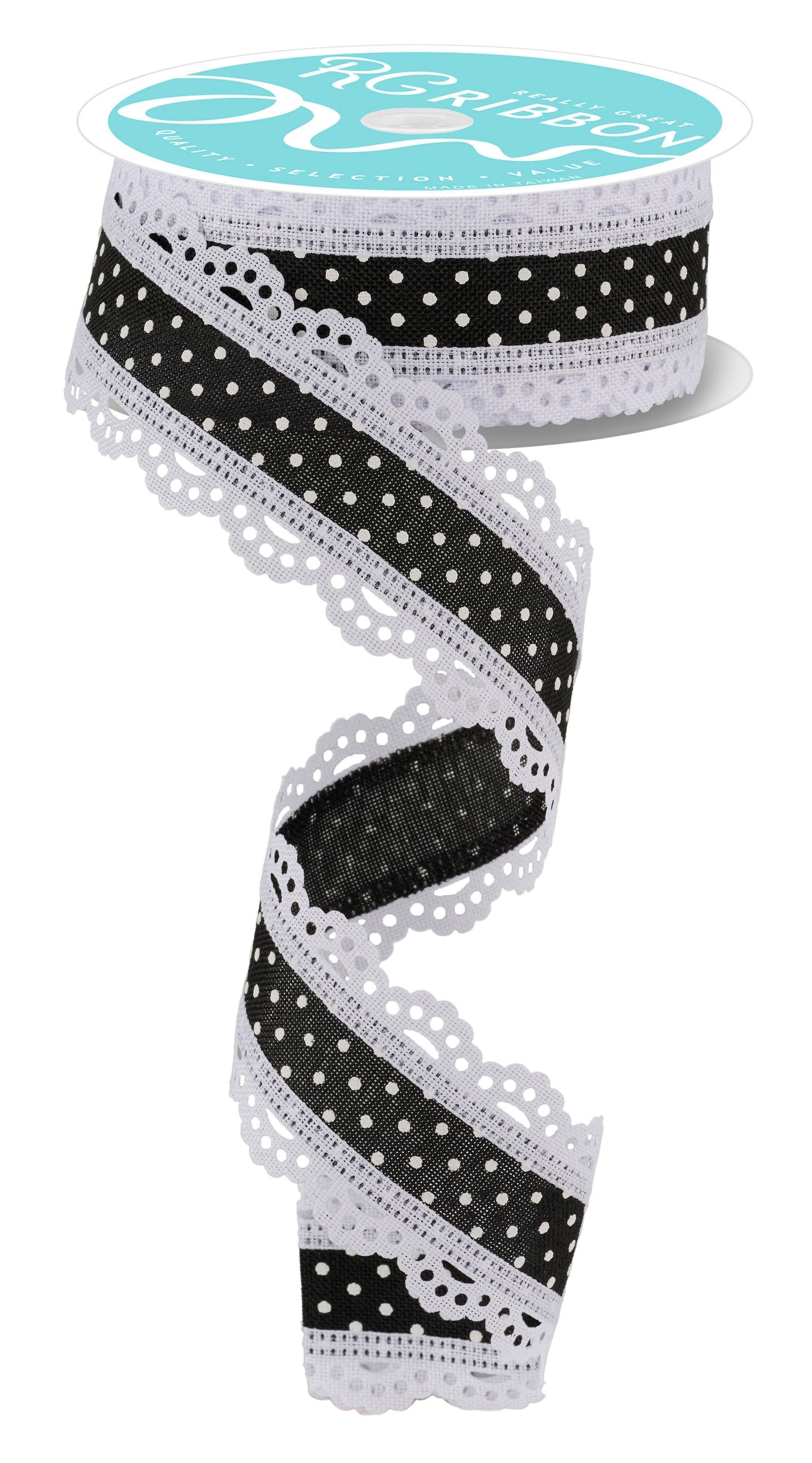 RG0886902  1.5" x 10yd Raised Swiss Dots W/Lace Black/White