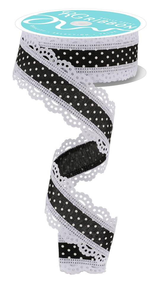 RG0886902  1.5" x 10yd Raised Swiss Dots W/Lace Black/White