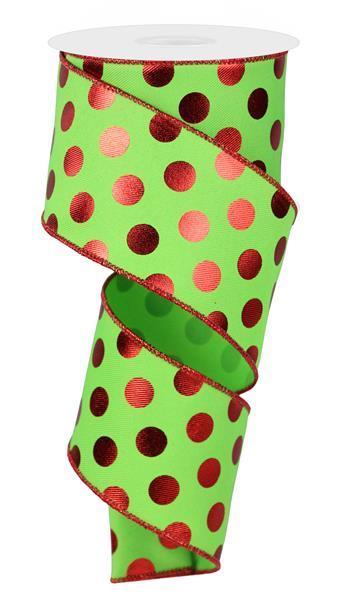 RGE166533    2.5" x 10yd Metallic Polka Dots    Lime Green/Red