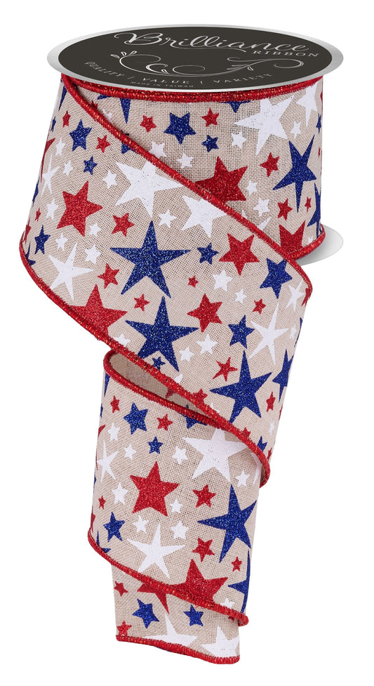 LS307018    2.5" x 10yd Stars    Lt Natural/Red/Royal Blue