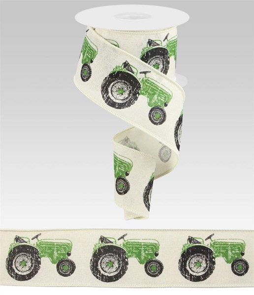 RG01487X5 2.5"X10yd Green Tractor on Royal Burlap Cream/Green/Black
