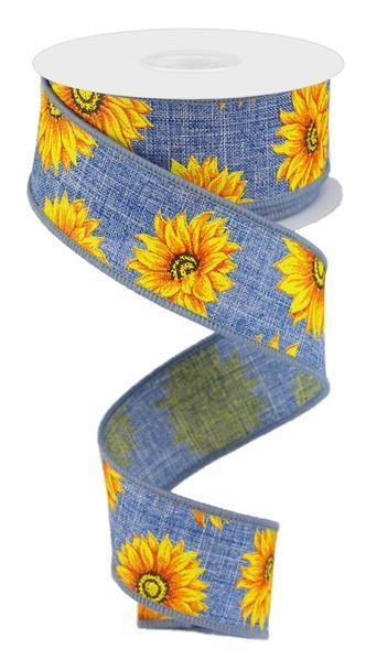RG01872CT    1.5" x 10yd Multi Sunflowers/Royal Burlap   Denim/Ylw/Orng/Rust/Brn