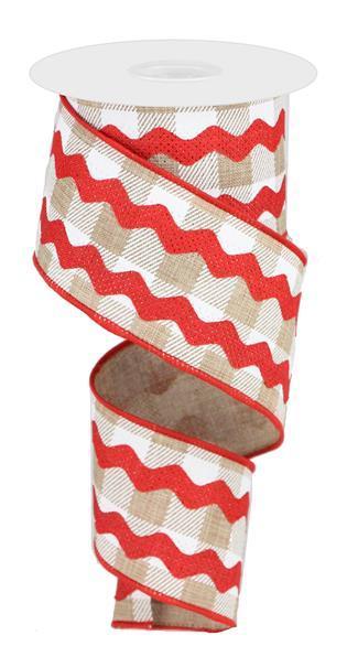 RG2006K9    2.5" x 10yd Fancy Ricrac On Check   Red/Tan/White