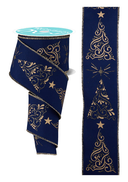RGF162319  2.5" x 10yd Metallic Swirl Christmas Trees Navy Blue/Gold