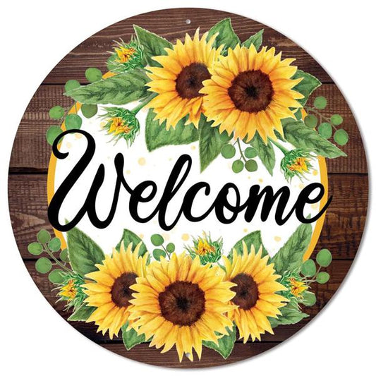 MD0878  12"Dia Welcome W/Sunflower W/Wood Border Yllw/Moss/Brown/White/Blk
