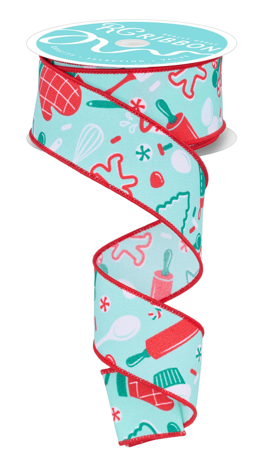 RGF129327  1.5" x 10yd Holiday Baking Ribbon – White/Red/Jade – Christmas Kitchen Theme