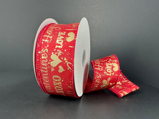 11515-09-13: RED STN/GLD LOVE XOXO SCRIPT-GLD GLT, 1.5"X10Y