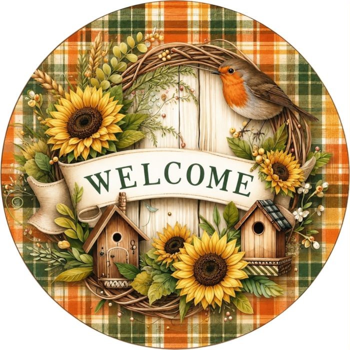 CUS2571-L    18" Round MDF Birdhouse Welcome Floral Sign W/Rope