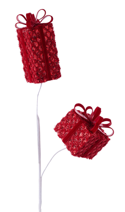 XS143024         28"L Sequin/Tinsel/Mesh Gift Box Spray         Red