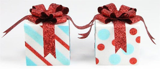 XC8293J5     2 Asst,    4.75'' Dot/Stripe Square Ornament Red/Lt Blue/White