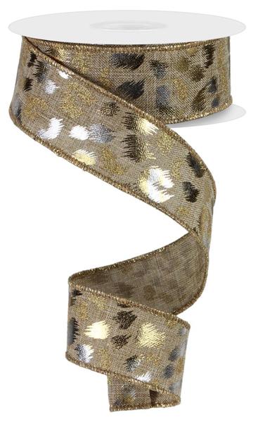 RGE118801  1.5" x 10yd Metallic/Glitter Leopard Lt Beige/Gold/Silver