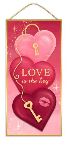 AP7360  12.5"Hx6"L Mdf Love Is The Key Sign Pink/Burgundy/Gold/White