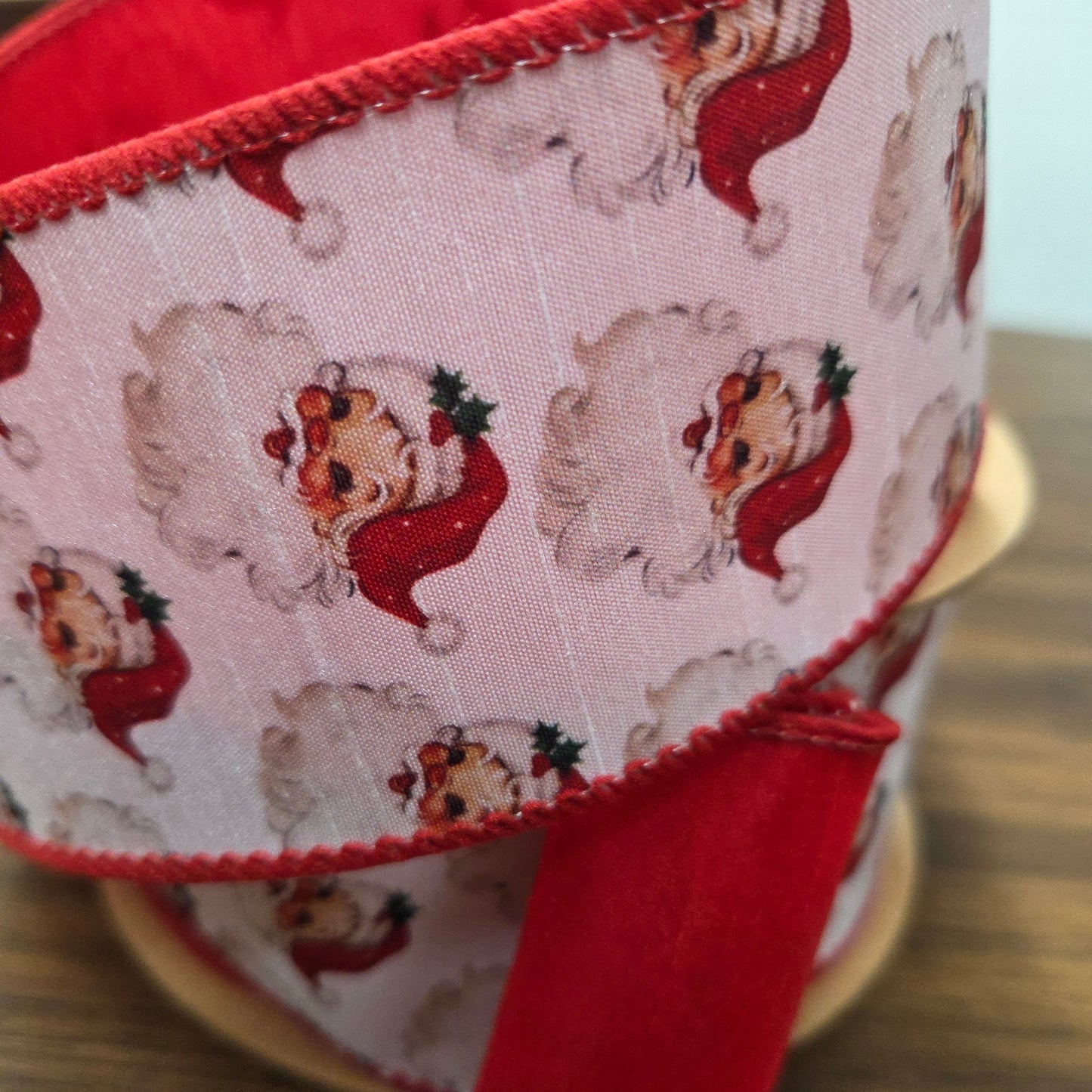 8111W-250-63E     2 1/2"10Yds   Reversible Dupioni | Santa Face         Red/White and Red Backing