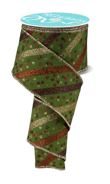 RGF1993AA  2.5" x 10yd Glitter Stripe W/Confetti Dots Moss Grn/Gld/Brwn/Copper