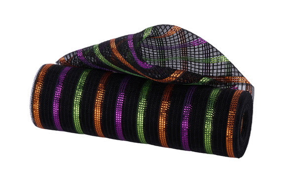 RY504476  10.25" x 10yd Fine Weave Met/Faux Jute Black/Orange/Lime/Purple