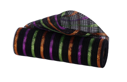 RY504476  10.25" x 10yd Fine Weave Met/Faux Jute Black/Orange/Lime/Purple
