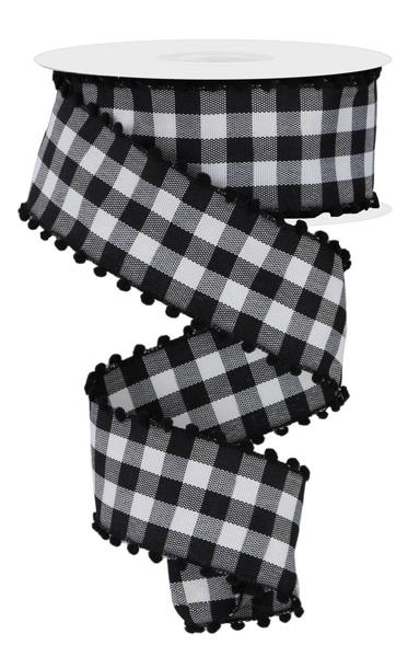 RN585872 1.5" X 10Yd Check Ribbon W/Poms Black/White