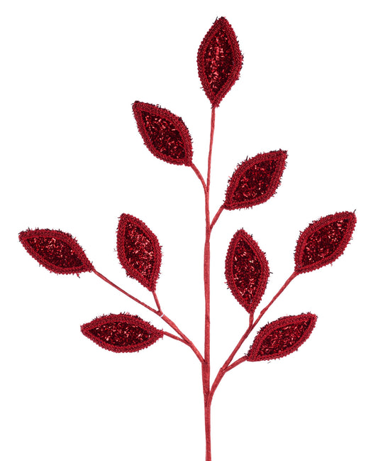 XS249724   28"L Vglitter/Lace Leaf Spray   Red