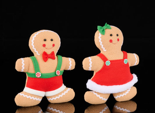 XC6311    10"H Fabric Gingerbread Boy OR Girl    Tan/Red/Emerald