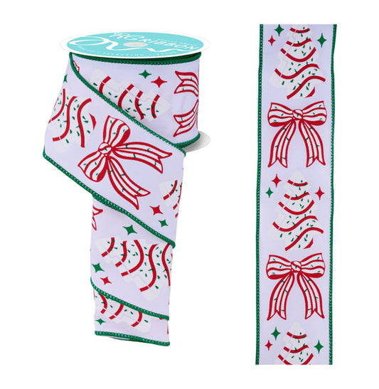 RGF199867  2.5" x 10yd Cake Tree/Bow White/Red/Emerald