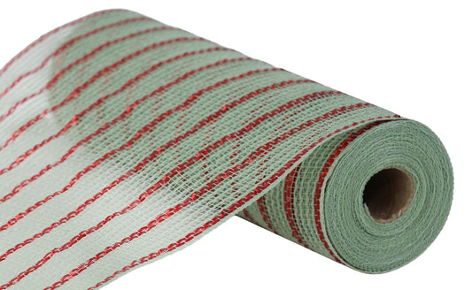 RY8018R9  10.25" x 10yd Poly/Faux Jute/Metallic Mesh Sage/Red
