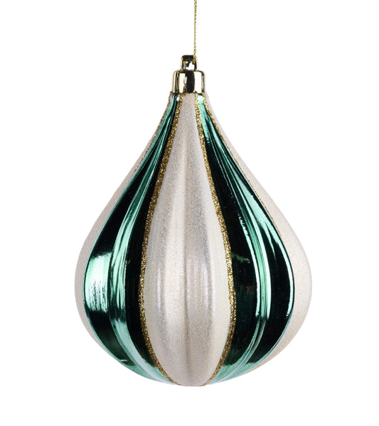XJ5290NA    130Mm Teardrop Stripe Ornament   Sage Green/Cream/Gold