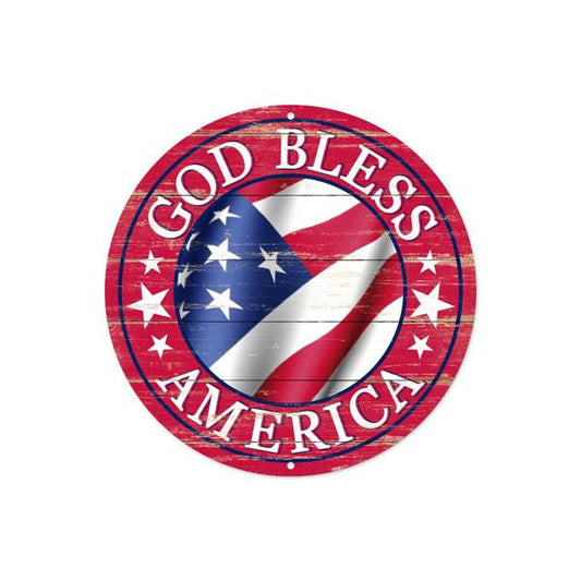 MD0928    8"Dia God Bless America Sign   Antique Red/White/Blue