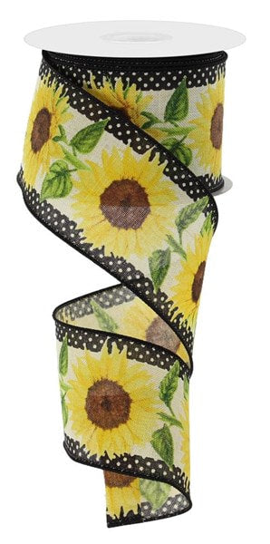 RGE1105C2  2.5" x 10yd Sunflowers W/Polka Dots Cream/Yellow/Brown/Green