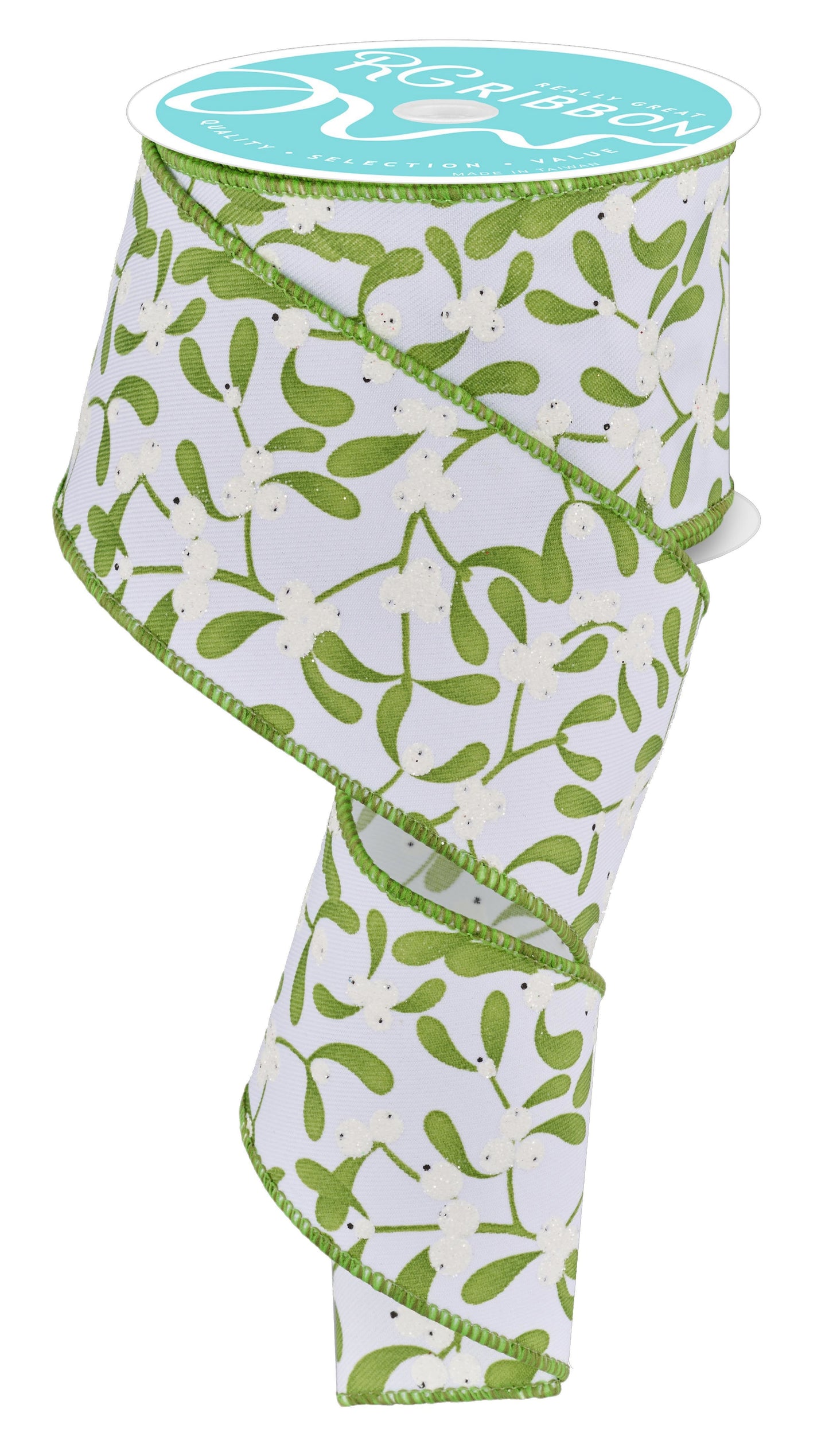 RGF120027  2.5" x 10yd Mistletoe Ribbon – White/Multi Green – Wired Ribbon