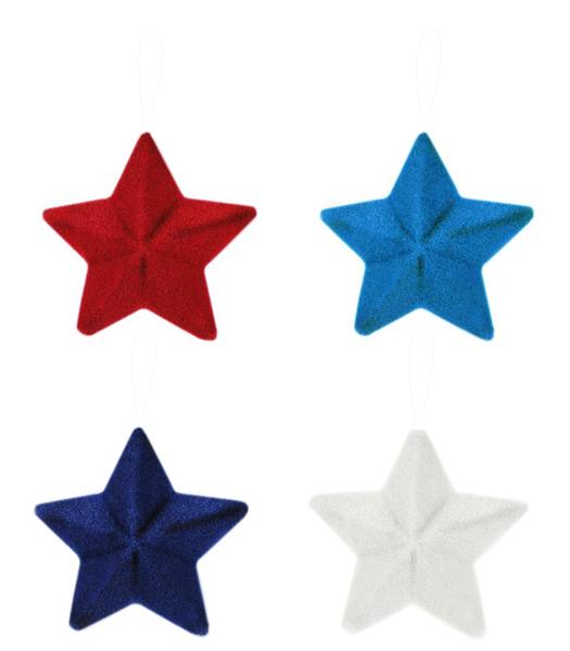 HJ902199   9"Lx9"H Flocked/Glitter Pointed Star     Patriotic Colors