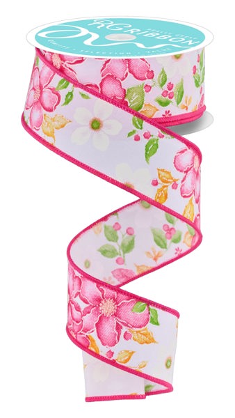 RGF1153WT  1.5" x 10yd Watercolor Flowers Pink/Green/Orange