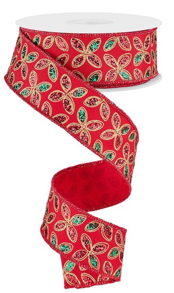 RGE192524  1.5" x 10yd Quatrefoil PetalsRed/Emerald/Gold
