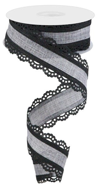 RGA154110 1.5"X10YD  Lace Edge Royal Burlap    Black/Grey